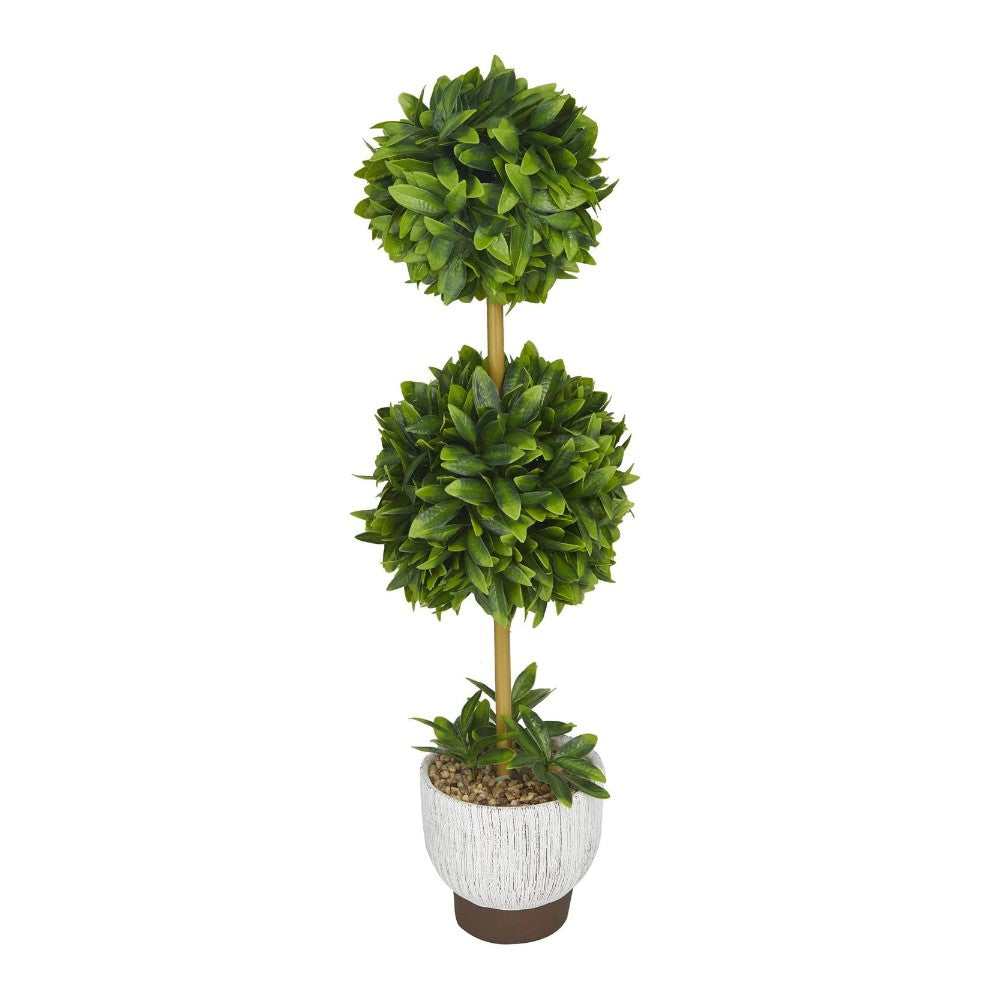 Double topiary tree in a white pot.
