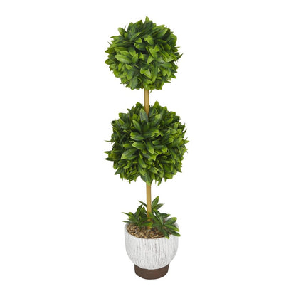 Double topiary tree in a white pot.