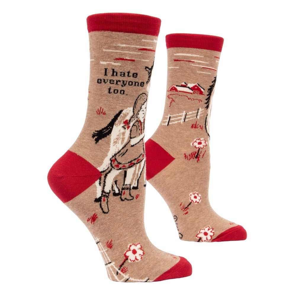 Socks with a horse and barn design, reading "I hate everyone too."