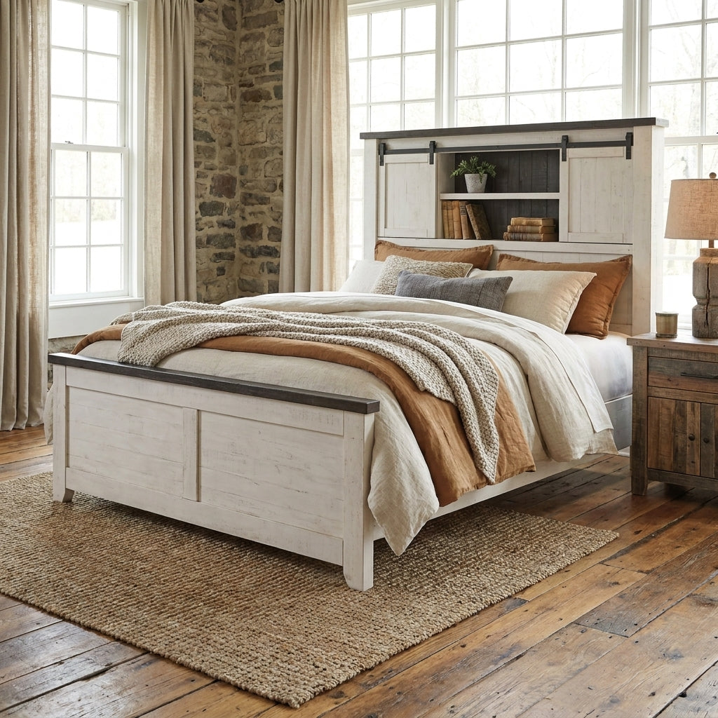 White wooden bed with a headboard featuring sliding barn doors.