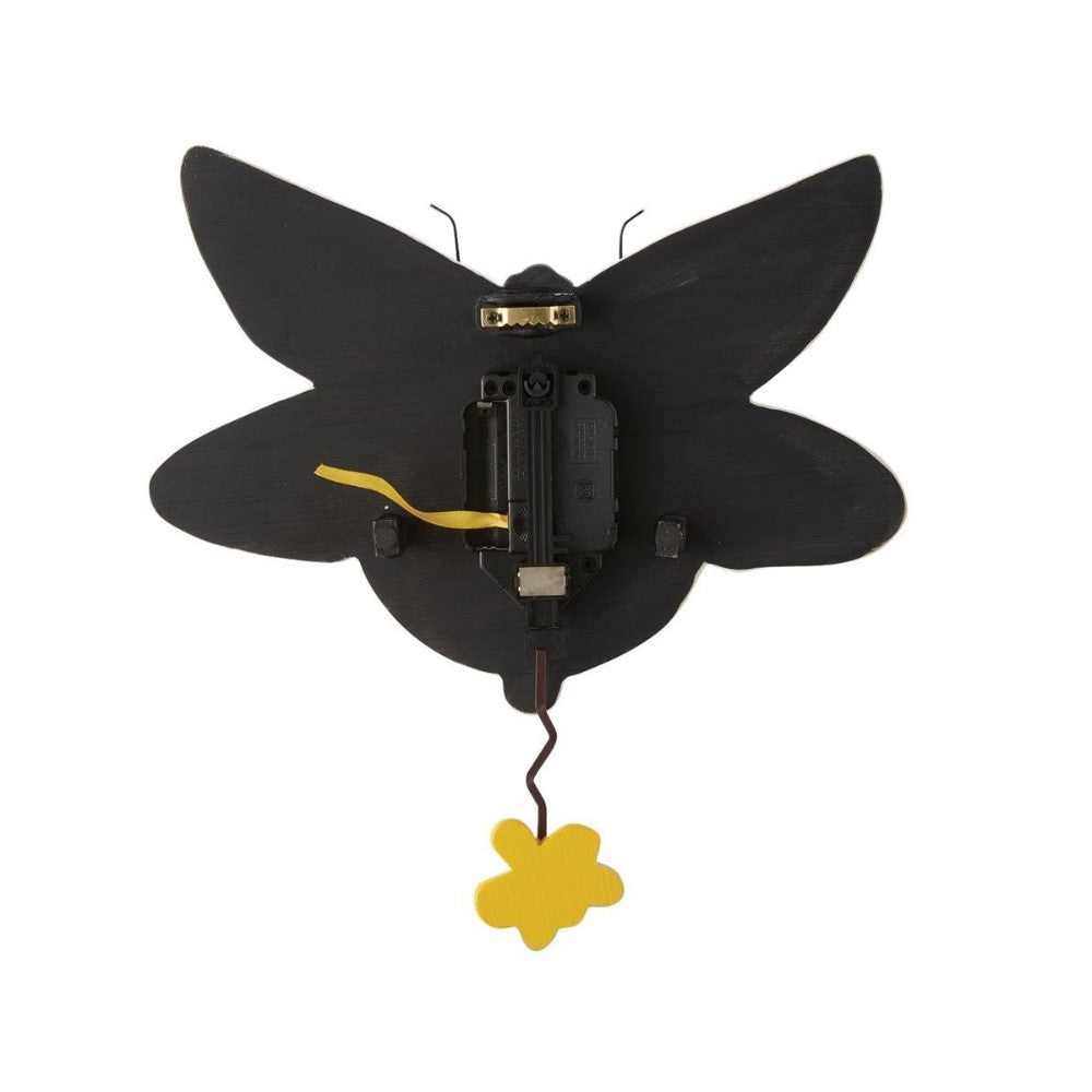 Black cat wall clock mechanism with yellow pendulum.