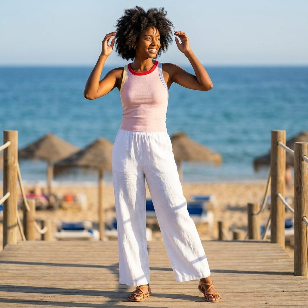 Person enjoying a sunny day on a beach boardwalk.