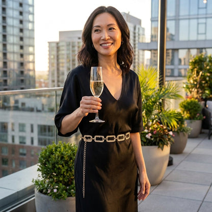 Woman in black dress holding champagne on a rooftop terrace.