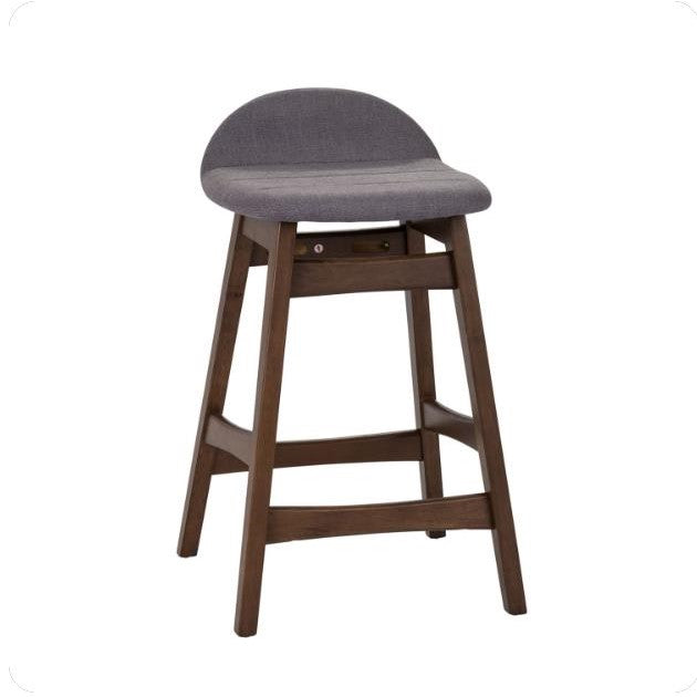 Wooden stool with a gray seat and low backrest.