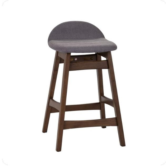 Wooden stool with a gray seat and low backrest.