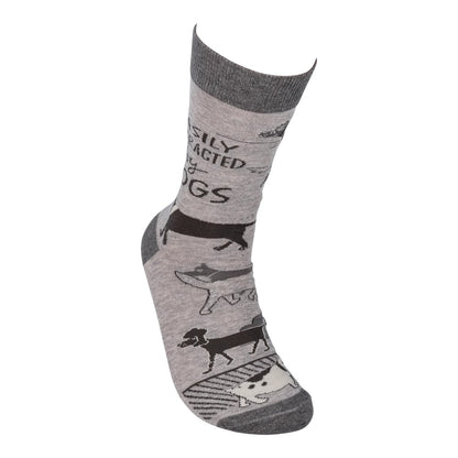 Gray sock with dog design and text pattern.