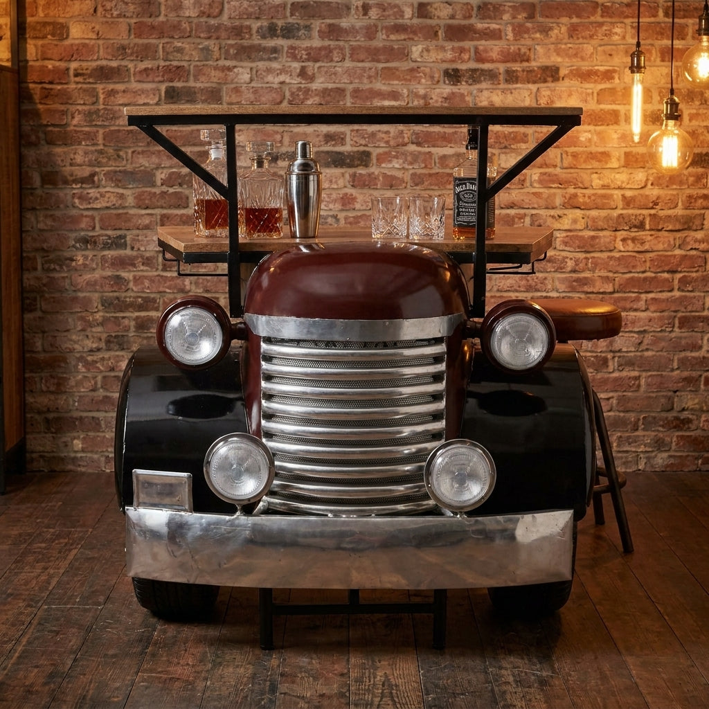 Vintage truck front converted into a bar table with shelves.