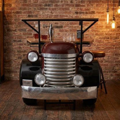 Vintage truck front converted into a bar table with shelves.