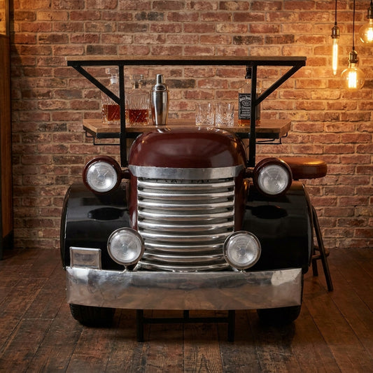 Vintage truck front converted into a bar table with shelves.