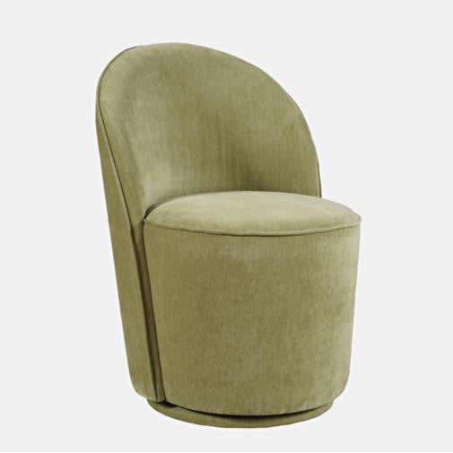 Olive green, modern swivel chair with a round back and smooth upholstery.
