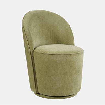Olive green, modern swivel chair with a round back and smooth upholstery.