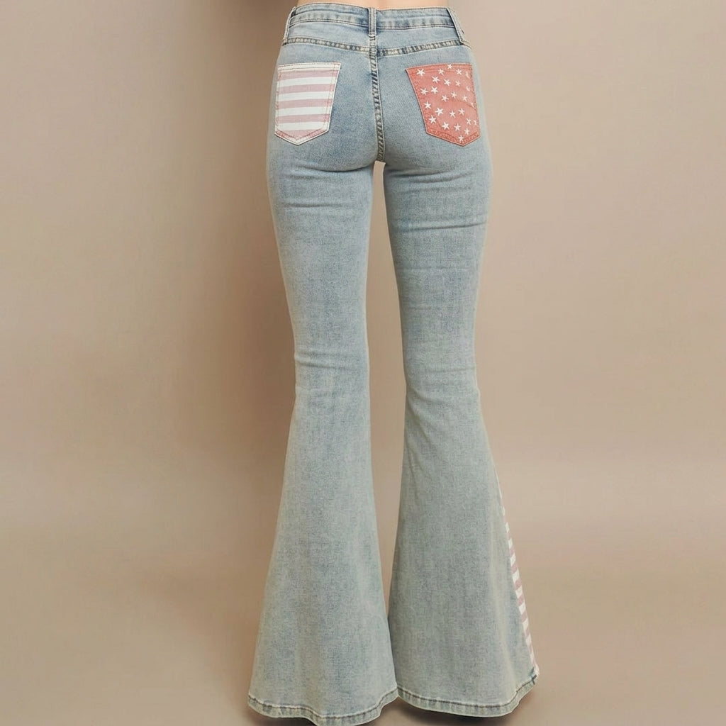 Flared jeans with patterned back pockets.