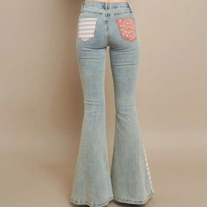 Flared jeans with patterned back pockets.