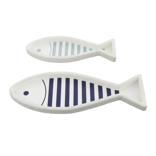 Two fish-shaped trays with blue stripes, one large and one small.