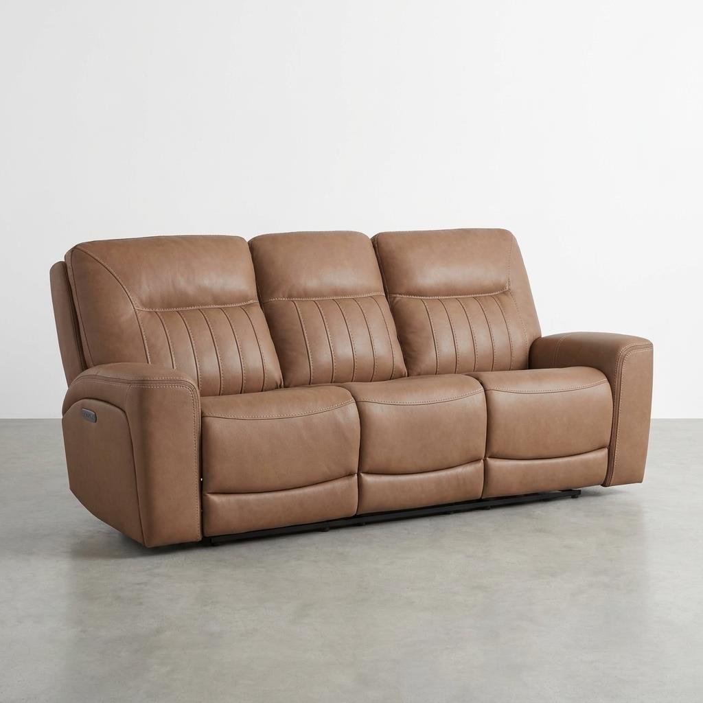 Brown reclining leather sofa with three seats.