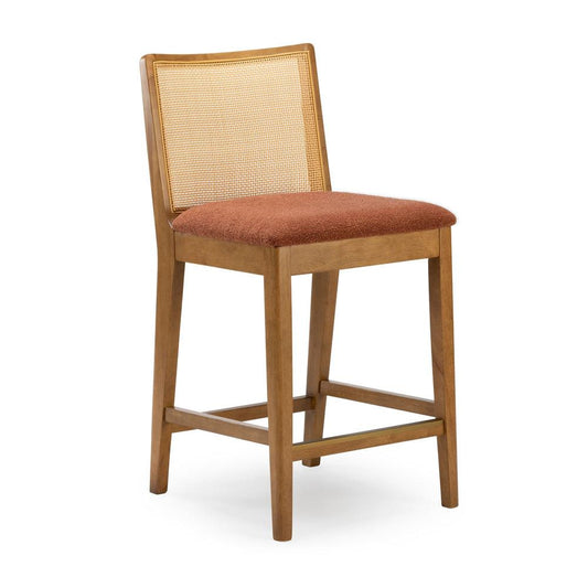 Wooden chair with a rattan backrest and cushioned seat.