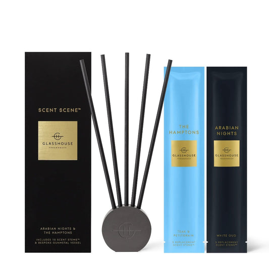 Glasshouse Fragrances scent sticks with "The Hamptons" and "Arabian Nights".
