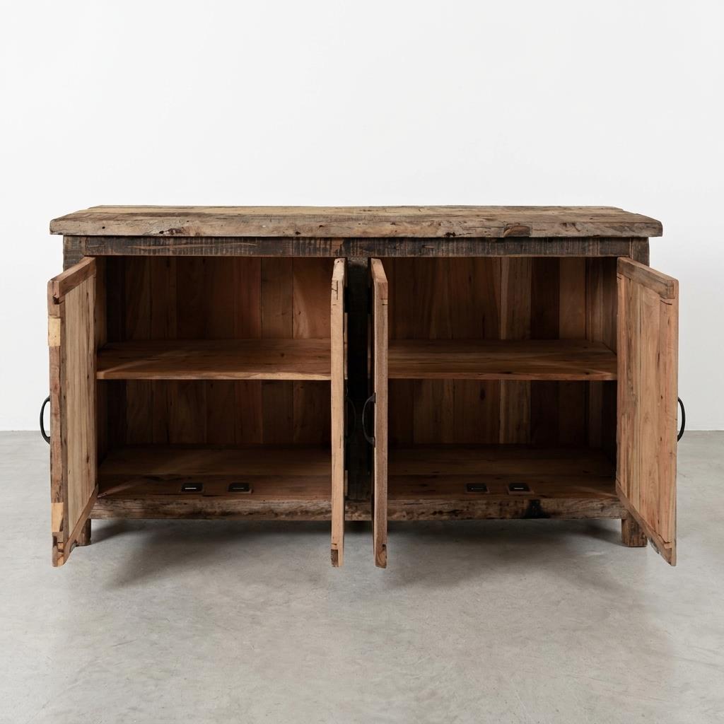 Rustic wooden sideboard with open cabinet doors and shelving inside.