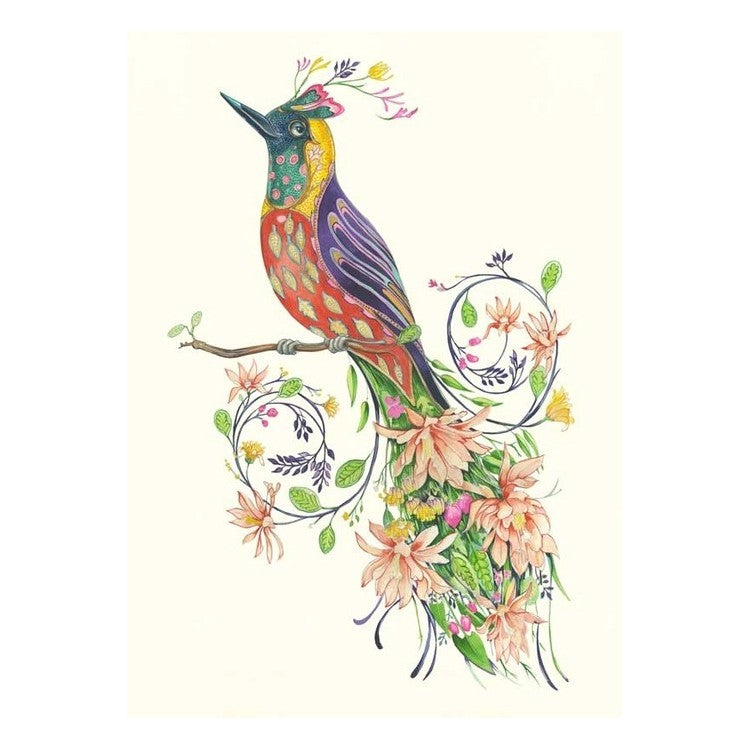 Colorful bird with floral patterns on a branch.