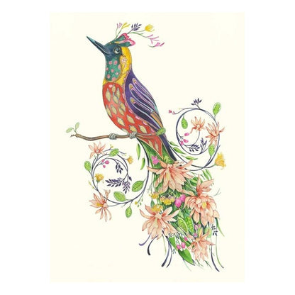 Colorful bird with floral patterns on a branch.