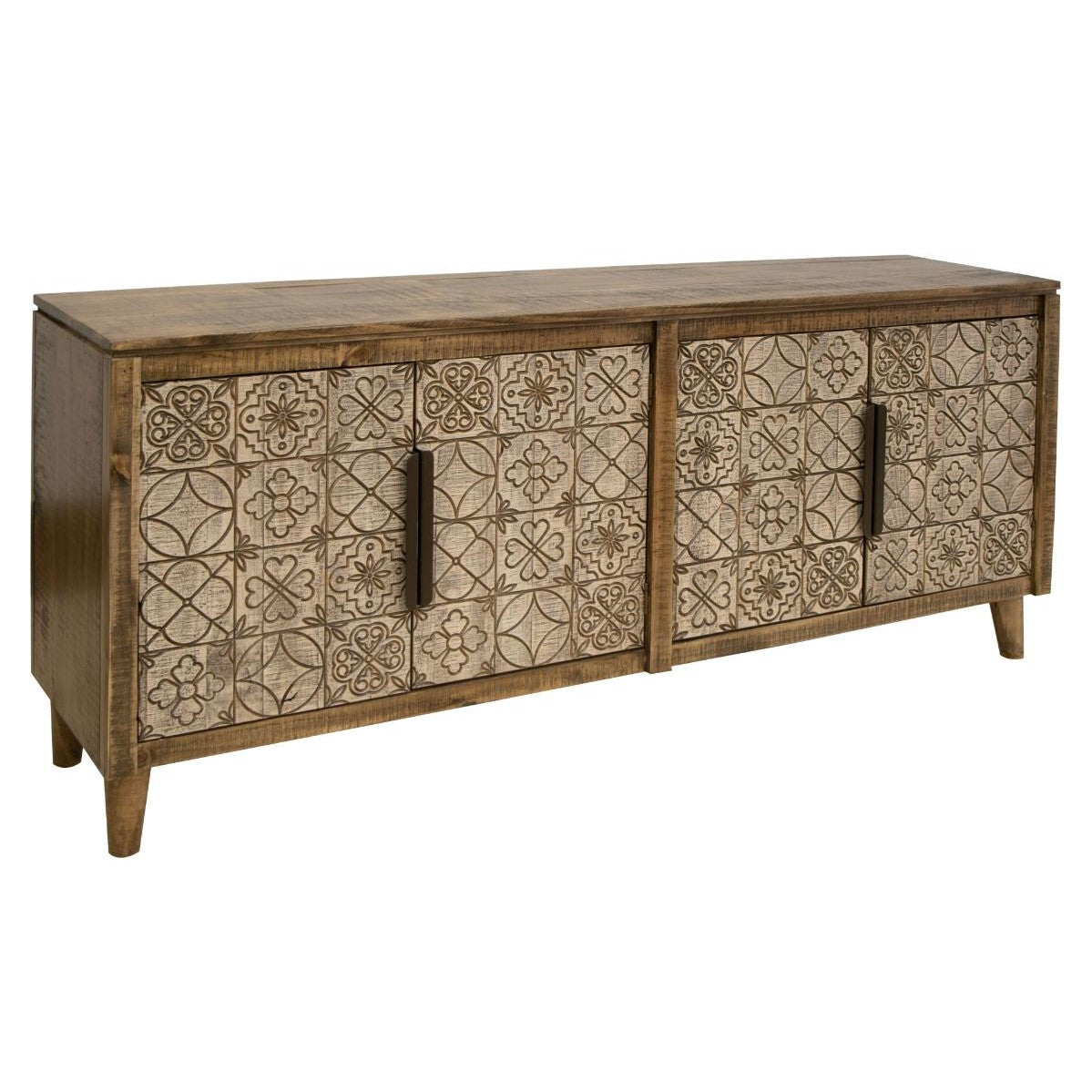 Wooden sideboard with intricate geometric patterns on the doors.