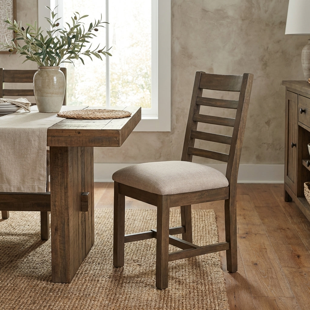 Wooden chair with a cushioned beige seat and ladder back design.