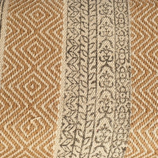 Woven pattern with geometric and intricate designs in tan and cream tones.