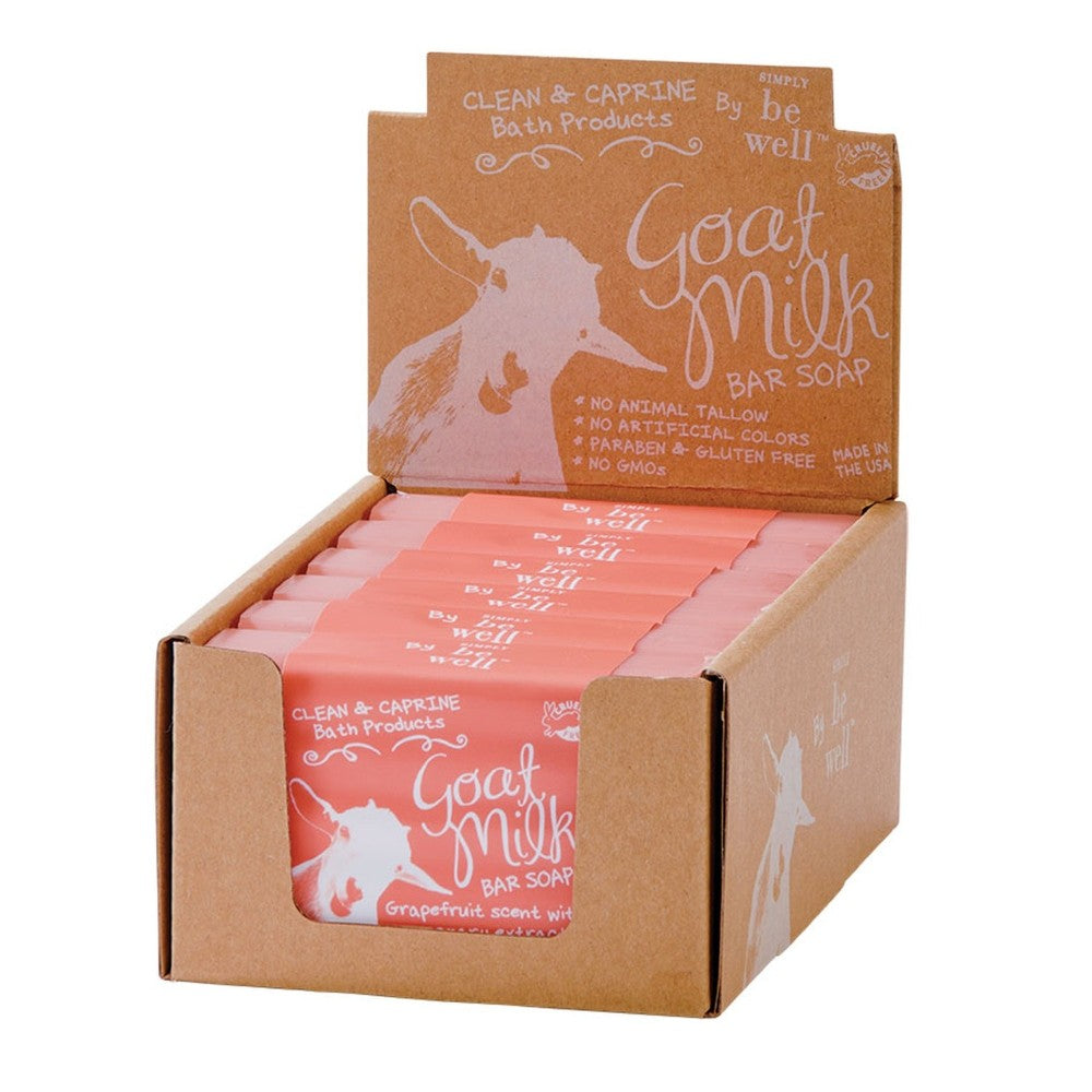 Box of grapefruit-scented goat milk soap bars in pink packaging.