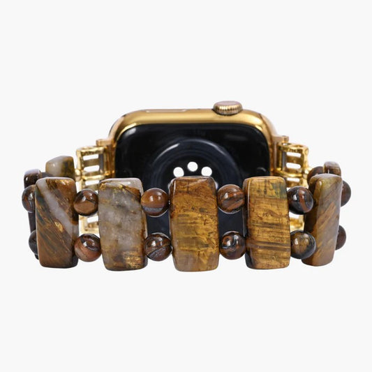 Watch with a brown stone and bead bracelet, gold-colored casing.
