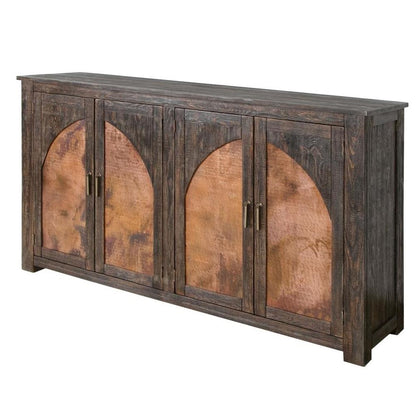 Rustic wooden sideboard with copper accents and four doors.