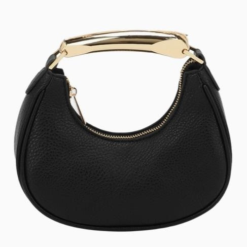 Black crescent handbag with gold handle and zipper.