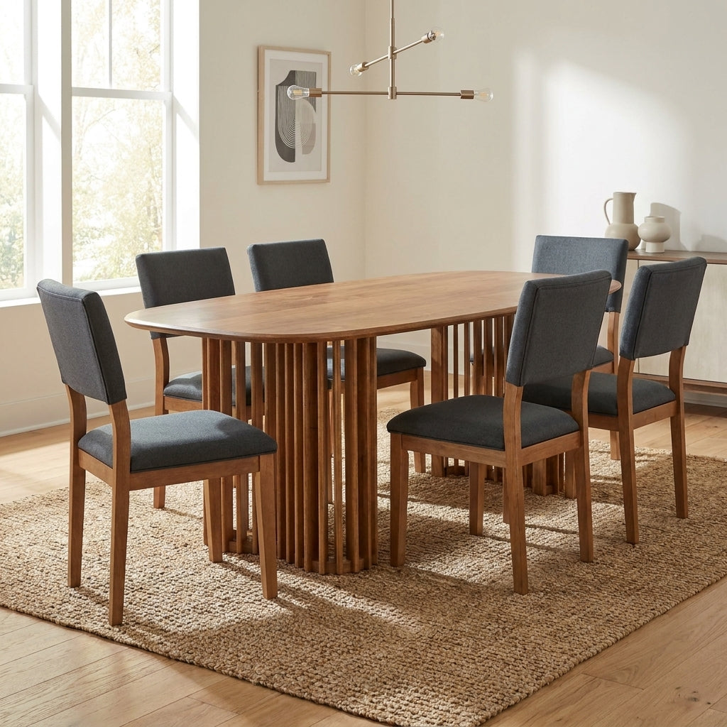 Modern dining room with wooden table, six chairs, and elegant lighting.