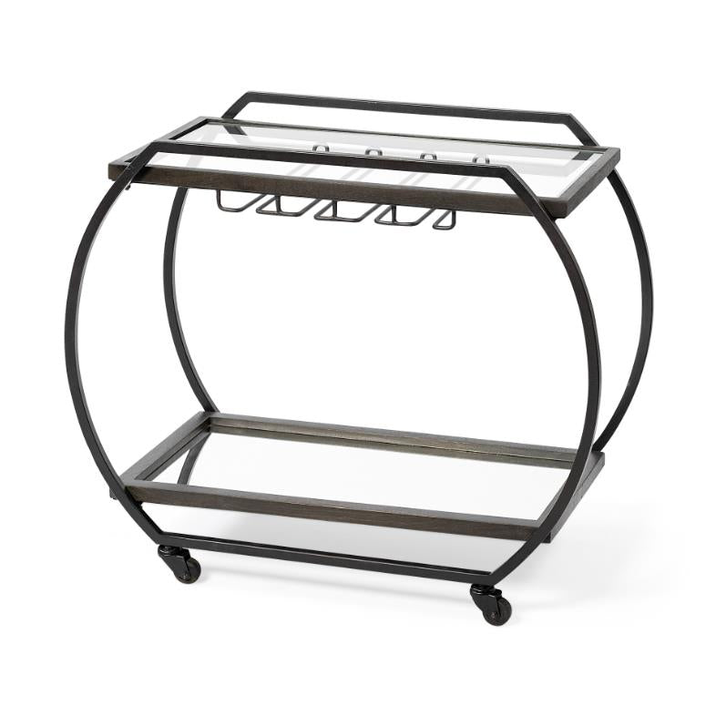 Metal-framed bar cart with a glass shelf and wheels.
