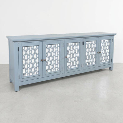 Light blue sideboard with open cabinets and shelves.