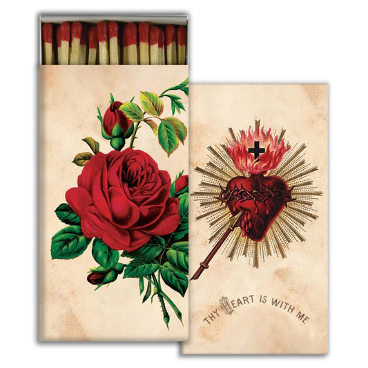 Matches with a rose and flaming heart designs.