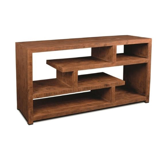 Modern wooden console table with geometric open shelving design.