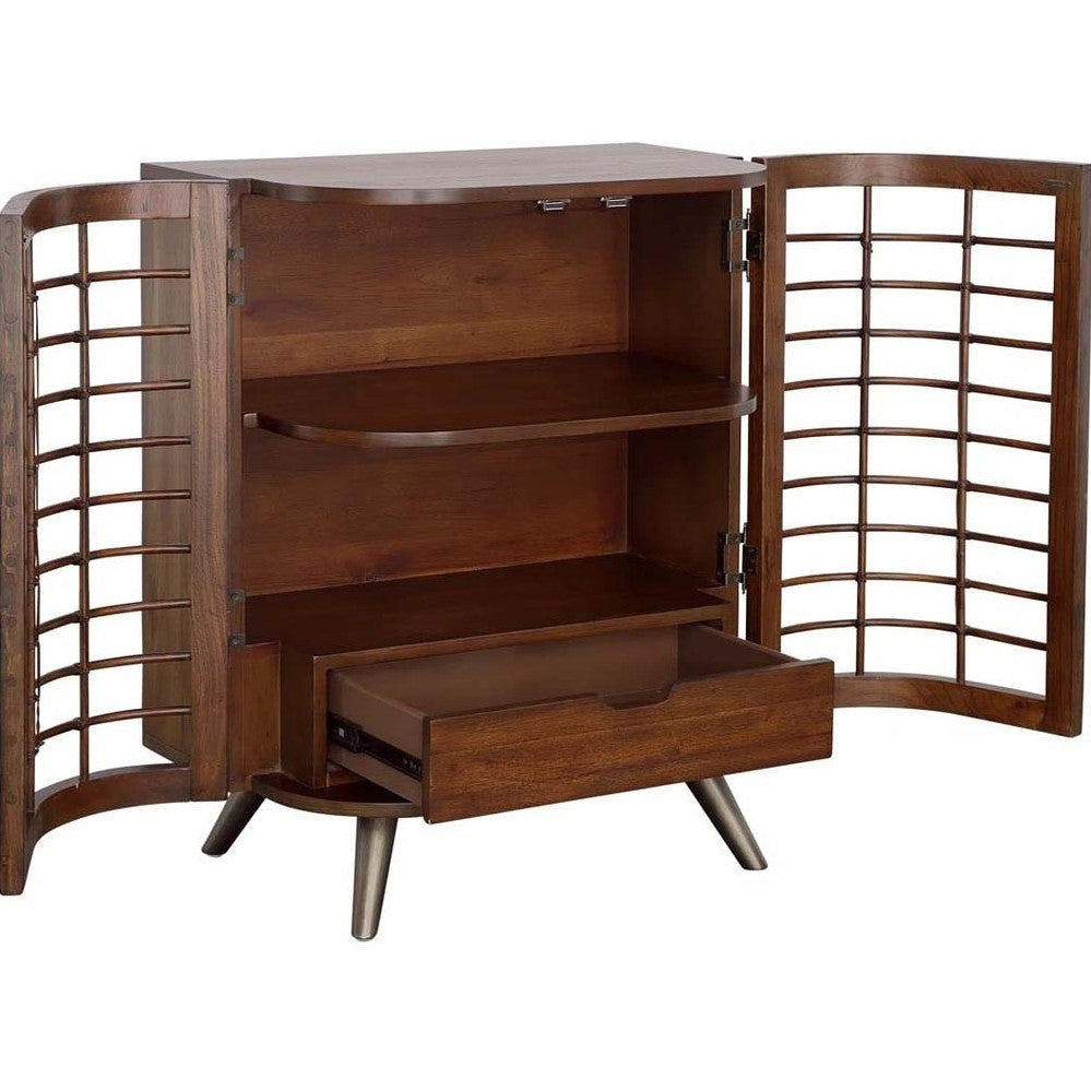 Brown wooden cabinet with open doors and a drawer.