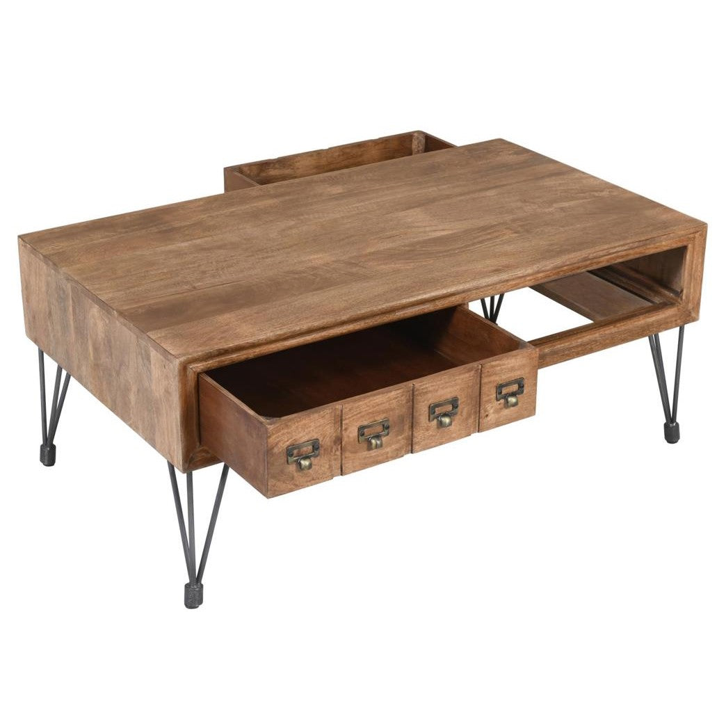 Wooden coffee table with metal legs, drawers, and open storage spaces.