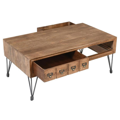 Wooden coffee table with metal legs, drawers, and open storage spaces.
