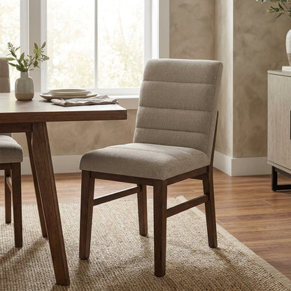 Wooden chair with beige cushioned seat and back.