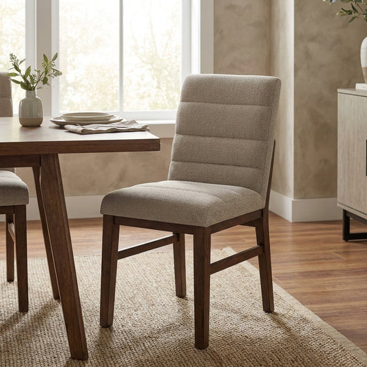 Wooden chair with beige cushioned seat and back.