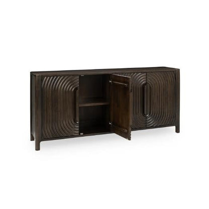Dark wooden sideboard with decorative details and rectangular shape.