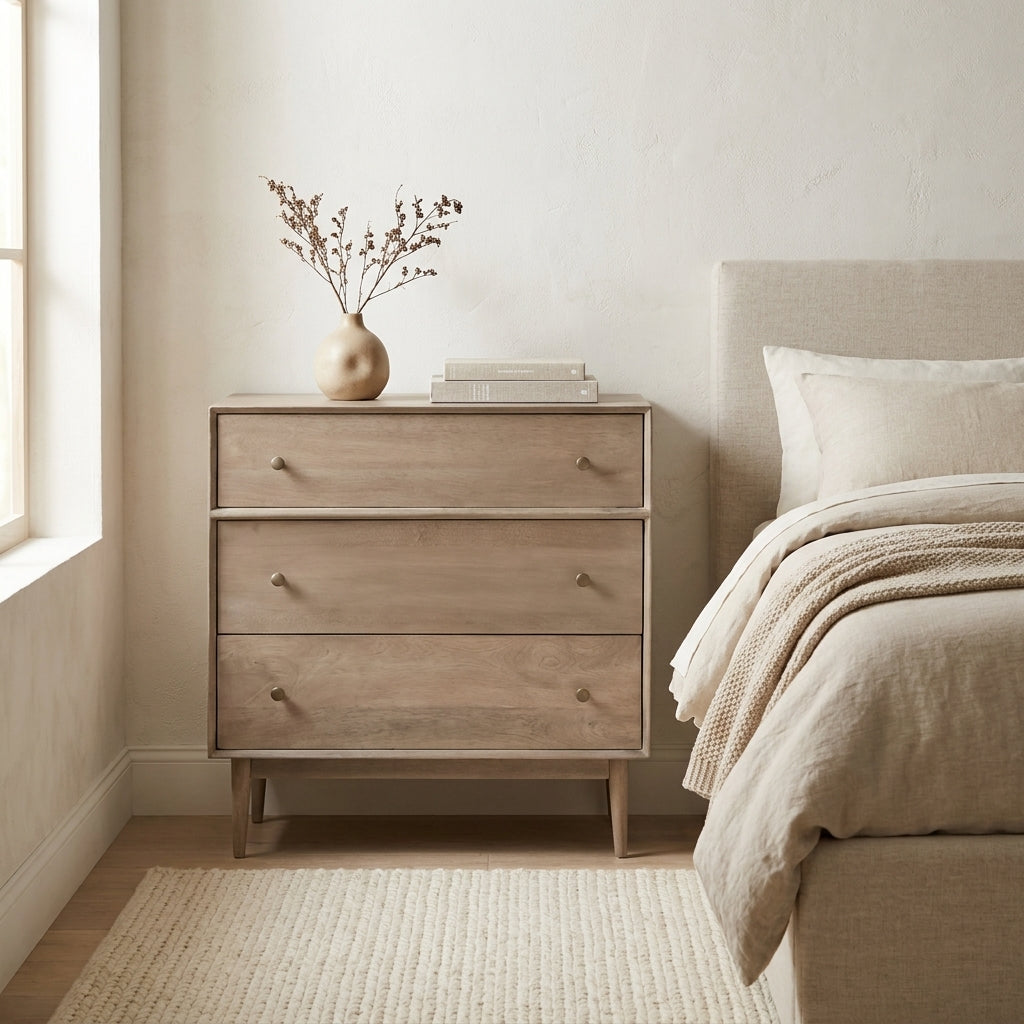 Wooden dresser with three drawers and round knobs, standing on angled legs.