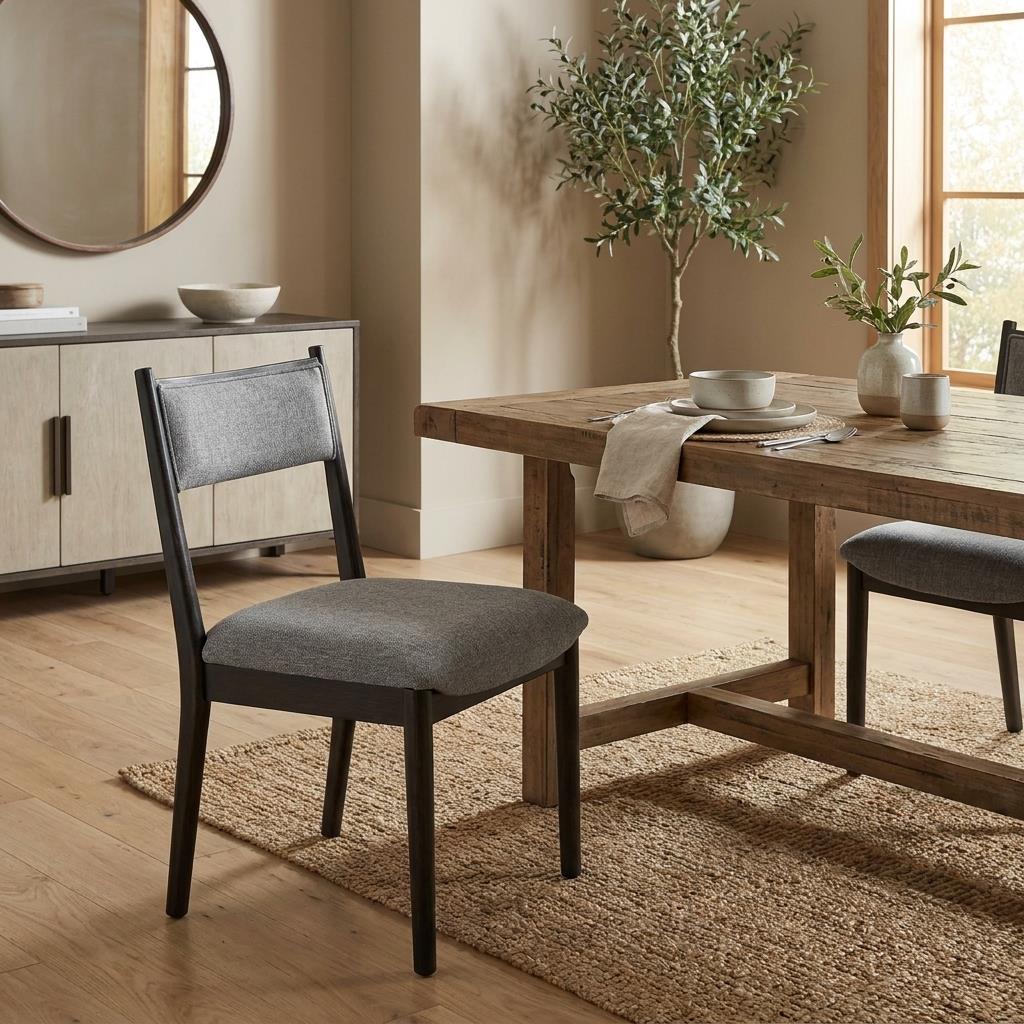 Cozy dining room with rustic table, chairs, and potted plant by a window.