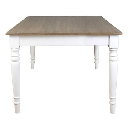 Wooden table with white legs and a natural finish top.