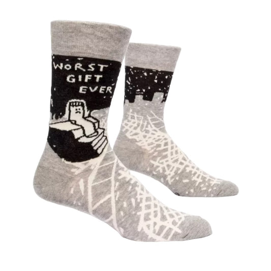 Gray socks with "Worst Gift Ever" and comic-style design.