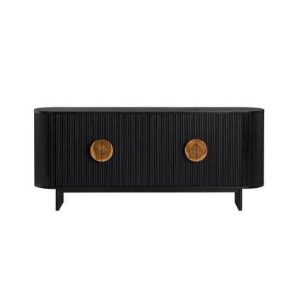 Black sideboard with gold circular handles and a textured surface.