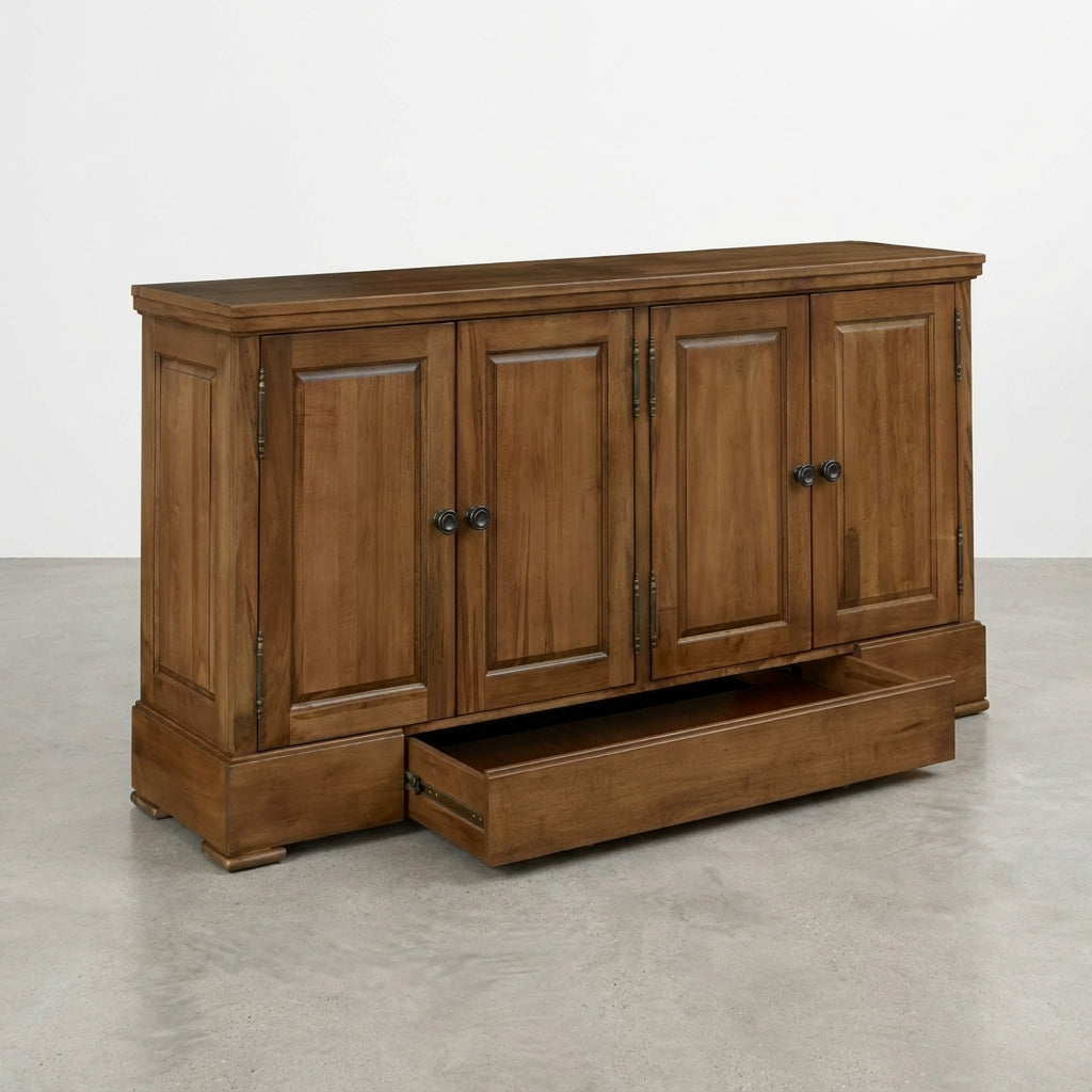 Wooden sideboard with four doors and an open drawer at the bottom.