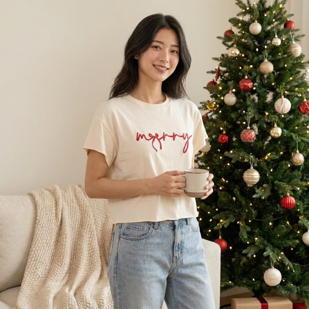 A woman holds a mug beside a decorated Christmas tree in a cozy living room.