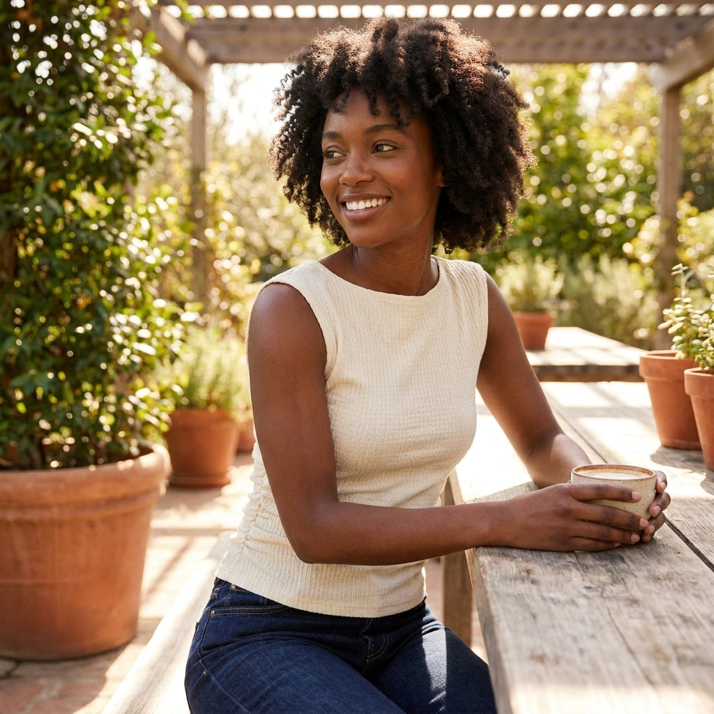 Woman enjoying a sunny day, holding a drink in a garden setting.